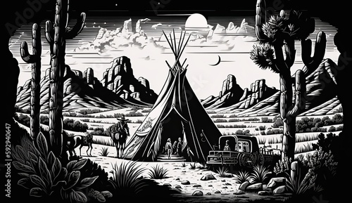 AI Generated. AI Generative. Native american western scene background with cowboy wigwam desrt and rocks. Can be used for home decoration. Wild west. Black and white. Graphic Art Illustration.