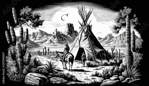AI Generated. AI Generative. Native american western scene background with cowboy wigwam desrt and rocks. Can be used for home decoration. Wild west. Black and white. Graphic Art Illustration.