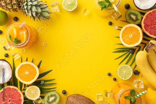 Capture the essence of summer with trendy flat lay photo of a fruity drink in a jar, complete with of orange, lemon, lime, grapefruit, set against a vibrant yellow background