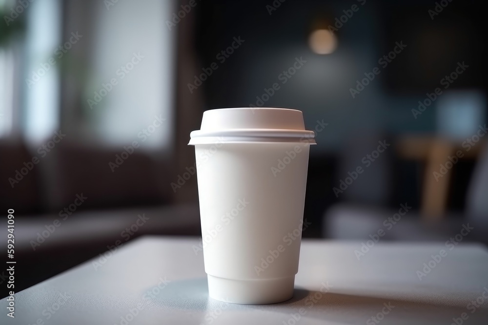Blank white takeaway coffee cup mockup template cafe background generative AI Blank white takeaway coffee cup mockup template cafe background generative AI