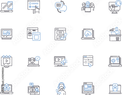 Telemarketing outline icons collection. Telemarketing, Sales, Calling, Outbound, Inbound, Marketing, Promote vector and illustration concept set. Advertise, Services, Products linear signs