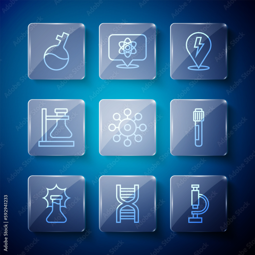 Set line Explosion in the flask, DNA symbol, Microscope, Lightning bolt, Virus, Test tube stand, and icon. Vector Set line Explosion in the flask, DNA symbol, Microscope, Lightning bolt, Virus, Test tube stand, and icon. Vector