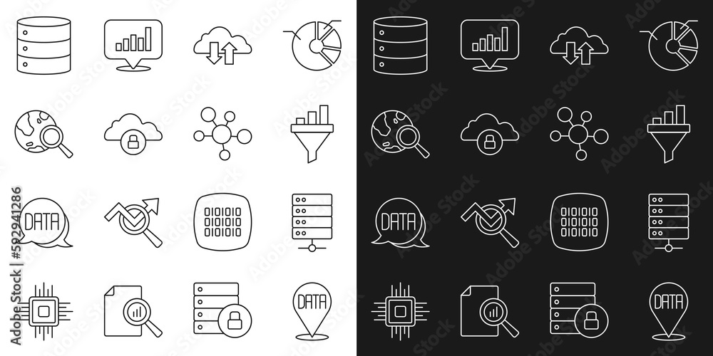 Set line Data analysis, Server, Sales funnel with chart, Cloud download and upload, computing lock, Search globe, and Mind map infographic icon. Vector