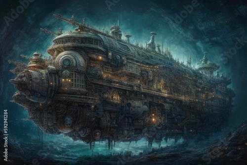 A fantasy ship floating on the ocean, in the style of captivatingly atmospheric cityscapes. Generative AI. © Татьяна Петрова