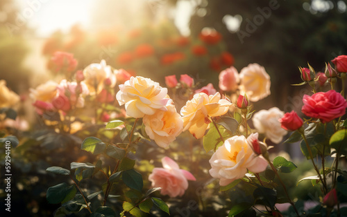 Beautiful and colorful dreamy rose garden with warm lighting. Generative AI.