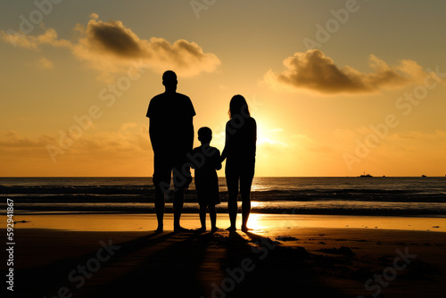 Silueta a contraluz de familia en la playa viendo el atardecer mirando al horizonte. Generative ai. photo