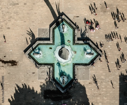 Drone view of the crowded Plaza Tapatia, Guadalajara, Jalisco, in Mexico photo