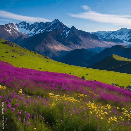 A breathtaking mountain range with snow-capped peaks  surrounded by fields of colorful wildflowers in bloom.  Generative AI