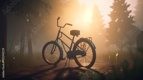 Morning foggy bike before sunrise. A lone bicycle stands on a path in the fog. Sunrise in the fog © Witri