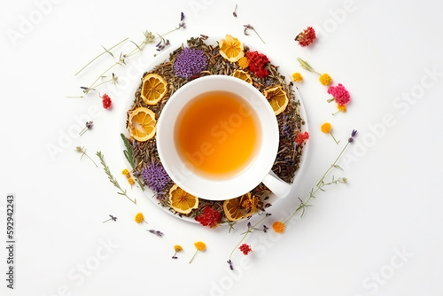 Creative layout made of cup of tea  green tea  black tea  fruit and herbal  tea on white background.Flat lay. Food concept.