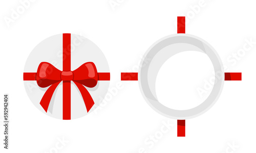 Open a round or circle mystery gift box with a red ribbon on isolated white background. Random secret loot box top view concept. Vector illustration cartoon flat design.