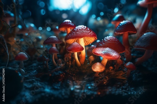 mushrooms sitting top forest colorful redshift masterpiece glowing liquid micro subdimension polished beautiful lit, generative ai
