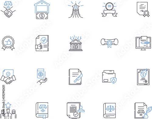 Legal outline icons collection. Law, Court, Rights, Contract, Attorney, Justice, Legislation vector and illustration concept set. Litigation, Agreement, Hearings linear signs