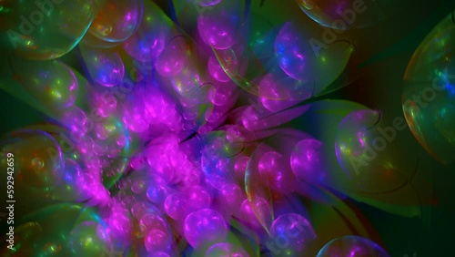 Multicolored swirling pattern of curved shapes and waves on a black background. Abstract fractal video