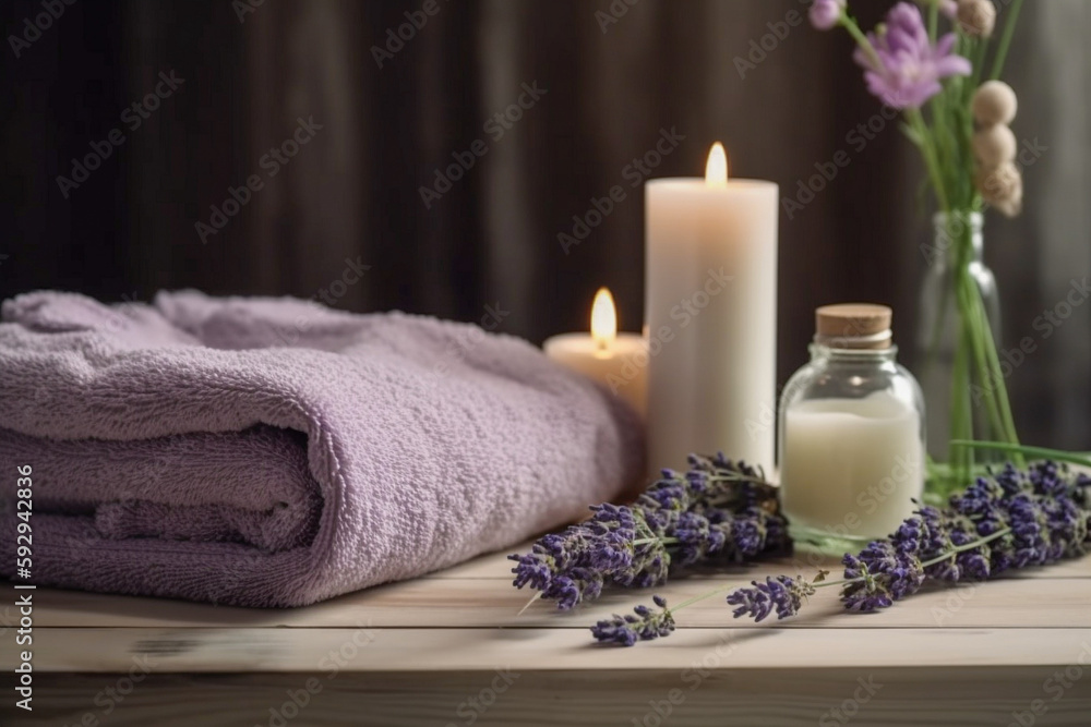 Spa concept with candles. Super photo realistic background, generative ai illustration Spa concept with candles. Super photo realistic background, generative ai illustration