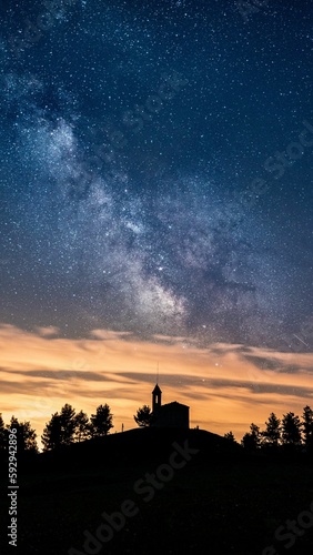 Vertical view of the silhouettes of a Sanctuary and trees under the starry night sky