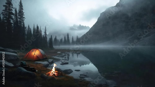 Beautiful nature with fog, comfortable backpacking and camping scenery with bonfires and tents in mountains and valley lakes in deep forests, and wood fires burning in an emotional atmosphere
 photo