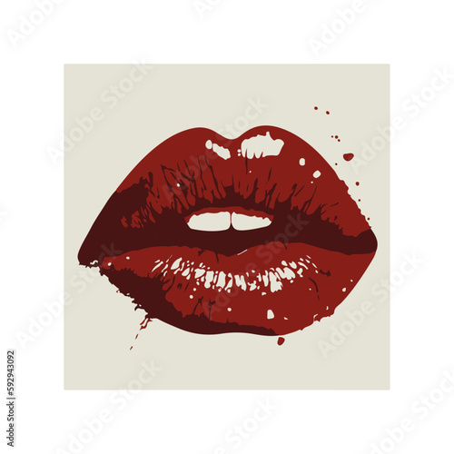 Glossy colored and sexy red lips in splash of paint. Vector illustration isolated on white background