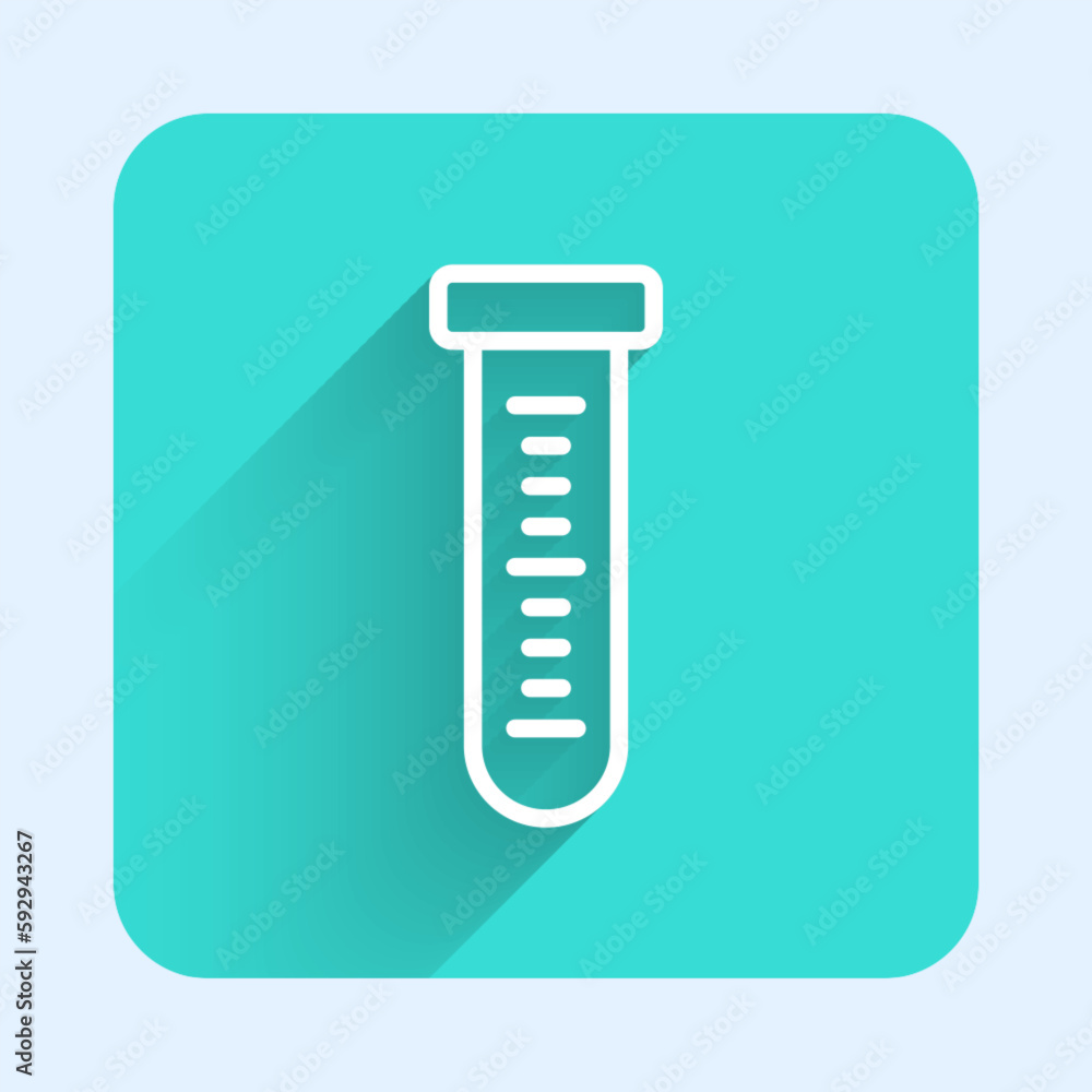 White line Test tube and flask chemical laboratory test icon isolated with long shadow background. Laboratory glassware sign. Green square button. Vector White line Test tube and flask chemical laboratory test icon isolated with long shadow background. Laboratory glassware sign. Green square button. Vector