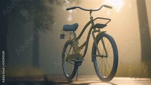 Morning foggy bike before sunrise. A lone bicycle stands on a path in the fog. Sunrise in the fog