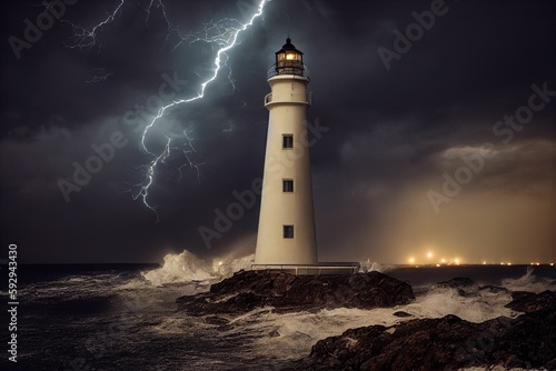 Scenic view of a lighthouse by the shore of a beach with strong thunders in the back