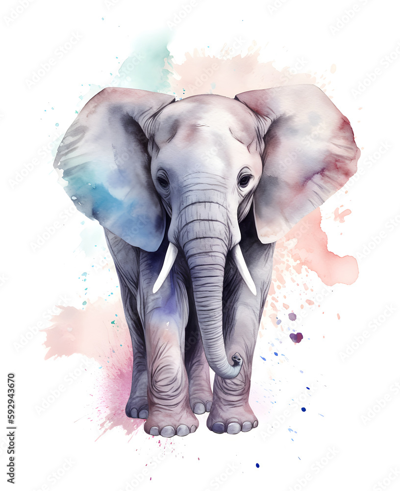 Cute elephant calf watercolor illustration. Poster for kids with funny and happy animals. Generative AI illustration.
