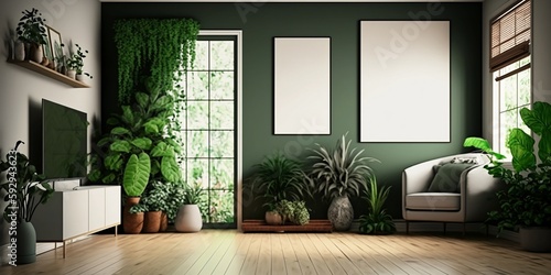 Potted plants decorate the empty living room with green walls and a hardwood floor. (AI generative) photo