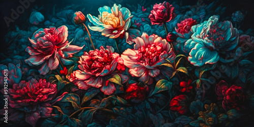 a painting showing the colorful flowers in a dark setting © SK