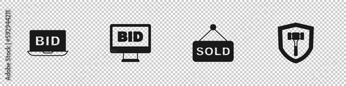 Set Online auction, Auction sold and hammer icon. Vector
