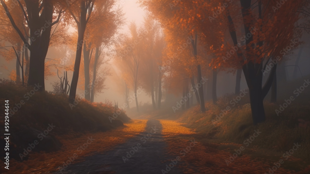 Mystical autumn forest with road in fog. Fall misty woods Autumn. Magic dark forest Fairytale