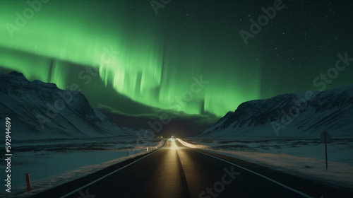 Aurora borealis over Hamnoy in Norway. A quite road with a spectacular Northern Light Aurora photo