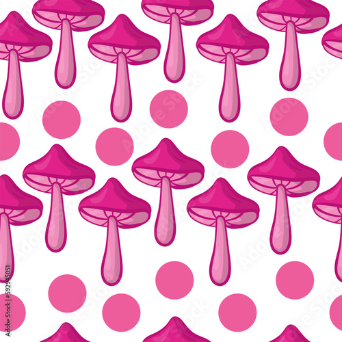 Bright pink mushrooms seamless pattern, mushroom with a high stem on a white background © SunnyColoring