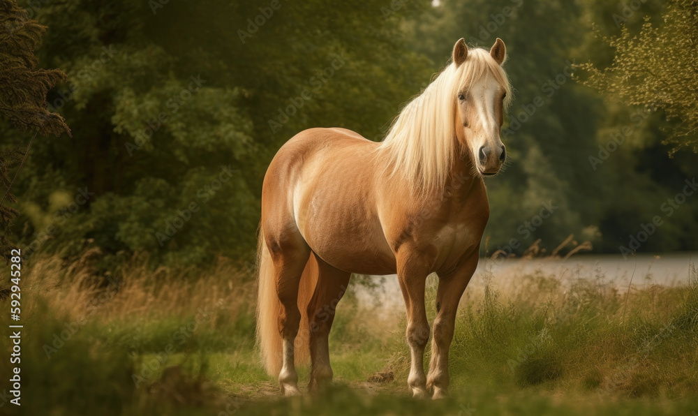 photo of Belgian horse standing in its natural habitat, peaceful farm. The horse is standing in a field, surrounded by lush green grass and tall trees. Its coat is shining in sunlight. Generative AI