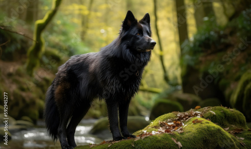 Belgian Sheepdog in its natural habitat, surrounded by a lush green forest. The dog is alert and focused, standing tall and proud on a rock formation overlooking the landscape. Generative AI