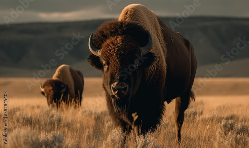 Bison standing on vast grassland of American West. It's thick fur is dark brown with shaggy mane covering neck and shoulders. Its massive head is adorned with two curved pointed horns. Generative AI