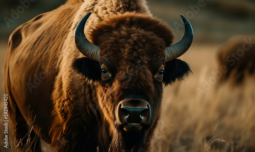 close up photo of Bison in its natural habitat during sunset. Generative AI