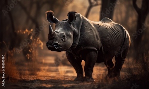 photo of black rhinoceros in African safari. Generative AI