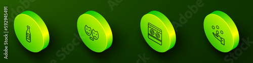 Set Isometric line Bottle of water, Comedy and tragedy masks, Shooting gallery and Juggling ball icon. Vector