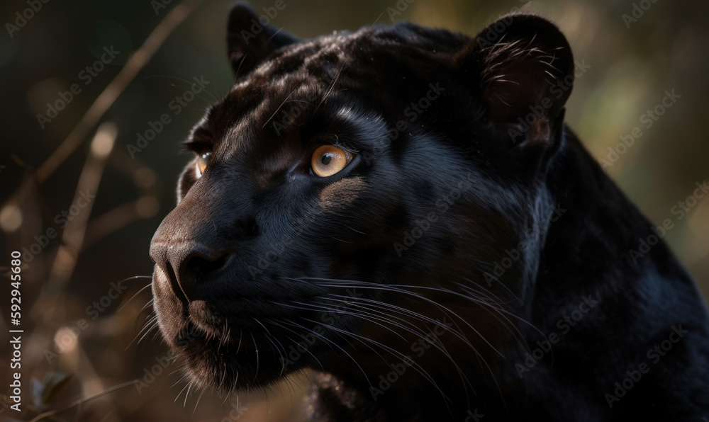 close up photo of black panther on blurry forest background. Generative AI