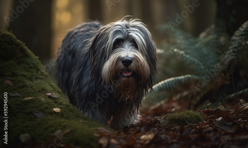 photo of bearded collie on forest background. Generative AI