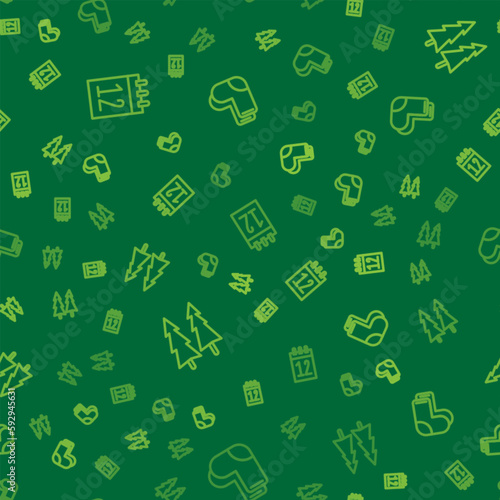 Set line Calendar 12 june, Christmas tree and Valenki on seamless pattern. Vector