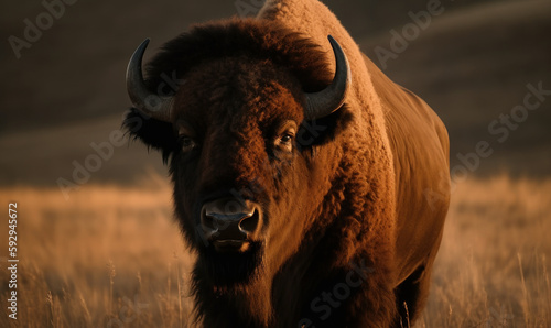 photo of Bison in its natural habitat during sunset. Generative AI
