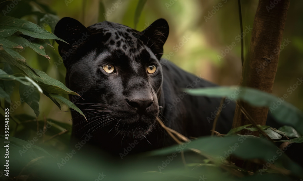 Majestic black panther stealthily stalking its prey through the dense jungle. The sleek, muscular feline is captured in stunning detail. Generative AI