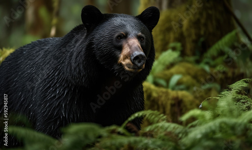 Ursus americanus known as American black bear foraging in lush wilderness of the Pacific Northwest. Bear is in its natural habitat surrounded by towering evergreens & vibrant foliage. Generative AI