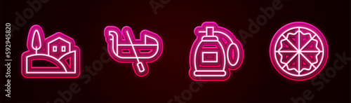 Set line Village landscape, Gondola, Perfume and Pizza. Glowing neon icon. Vector