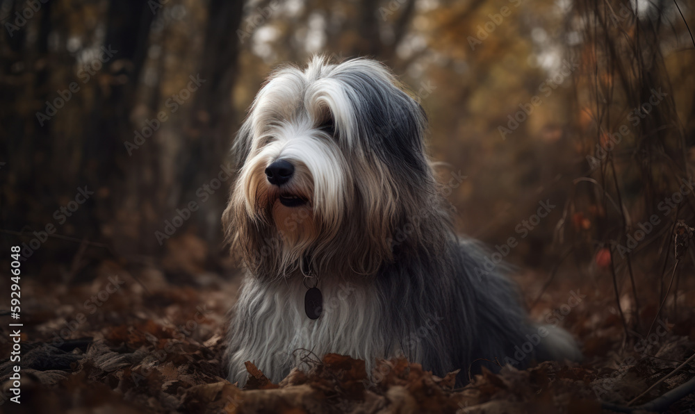 photo of bearded collie in forest during autumn. Generative AI