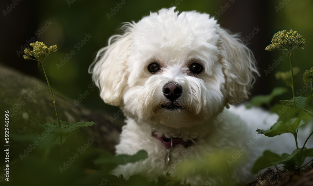 close photo of Bichon Frise in a green forest. Generative AI close photo of Bichon Frise in a green forest. Generative AI