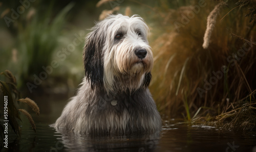 photo of bearded collie sitting in water. Generative AI