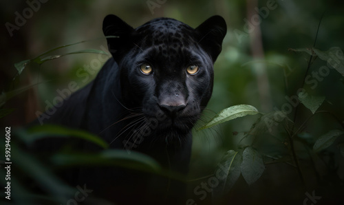 Majestic black panther stealthily stalking its prey through the dense jungle. The sleek, muscular feline is captured in stunning detail. Generative AI