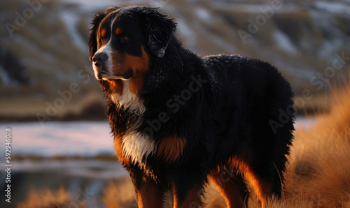 photo of Bernese Mountain Dog during sunset with mountains in the background. Generative AI